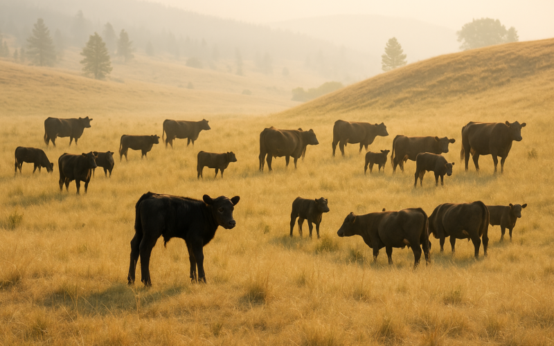 A young calf standing alone and hunched near a group of cow-calf pairs on a dry Montana summer pasture at daybreak