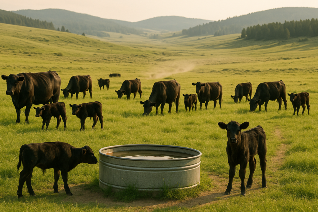 Black cows and calves grazing on green Montana foothill pasture in early summer with a lone calf standing near a stock tank