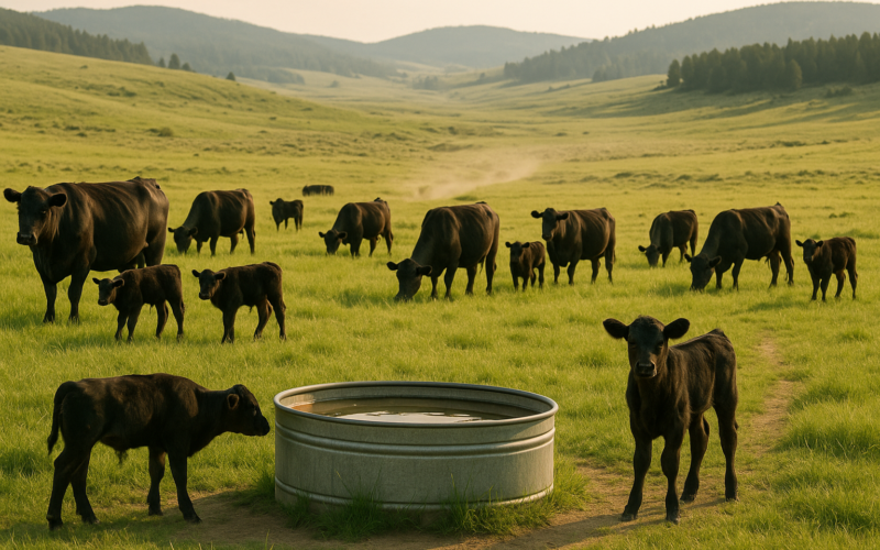 Black cows and calves grazing on green Montana foothill pasture in early summer with a lone calf standing near a stock tank