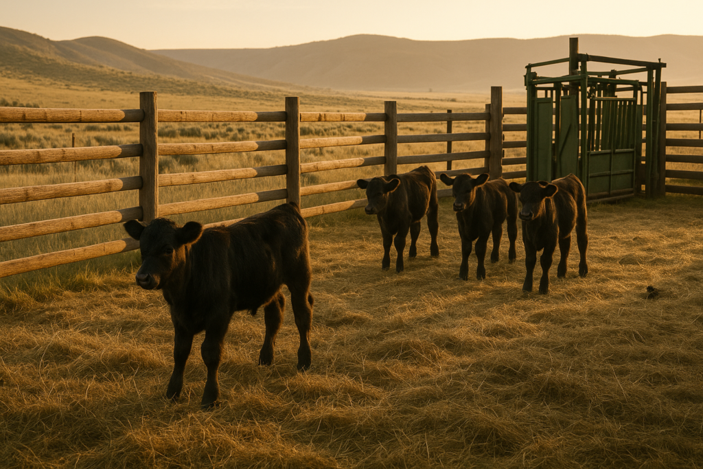 Black calves in a wooden Montana corral at dawn with rolling rangeland behind them and a working chute nearby.