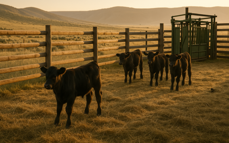 Black calves in a wooden Montana corral at dawn with rolling rangeland behind them and a working chute nearby.