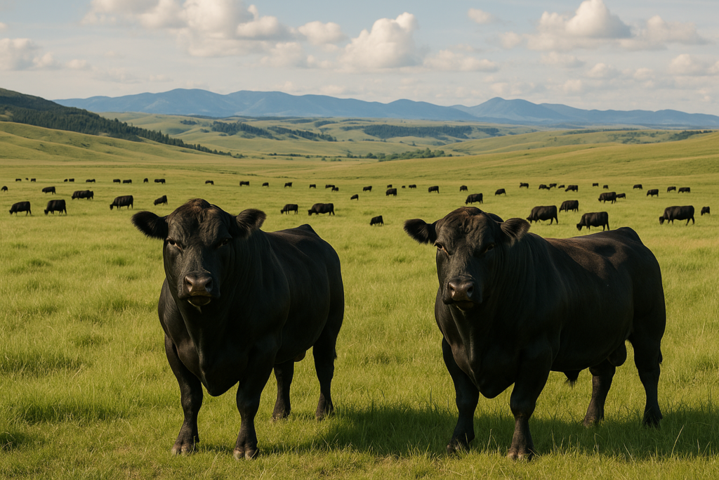 Two bulls standing in a green Montana foothill pasture with cows grazing across rolling rangeland and mountains in the distance in June light.