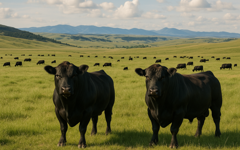 Two bulls standing in a green Montana foothill pasture with cows grazing across rolling rangeland and mountains in the distance in June light.