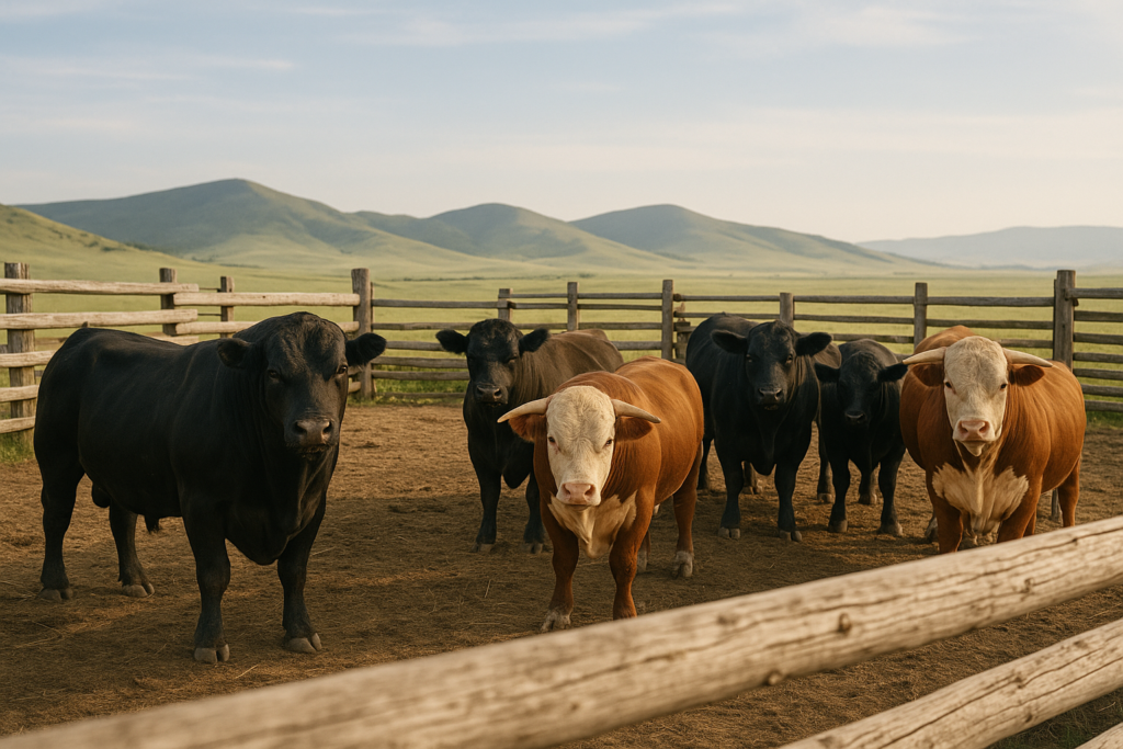 Beef bulls in a Montana ranch corral with green foothills behind them in early summer