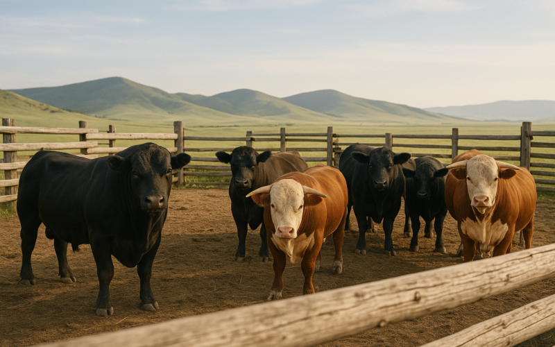 Beef bulls in a Montana ranch corral with green foothills behind them in early summer