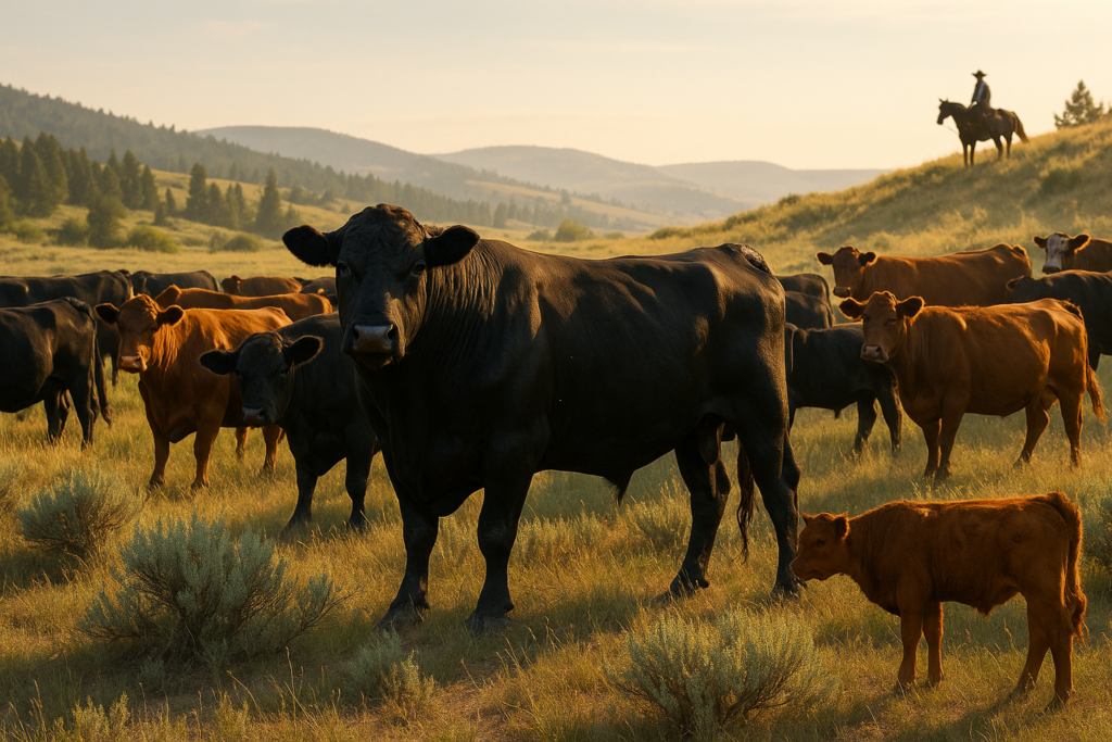 A bull standing with cows on Montana summer range at dawn as a rancher watches from horseback in the distance