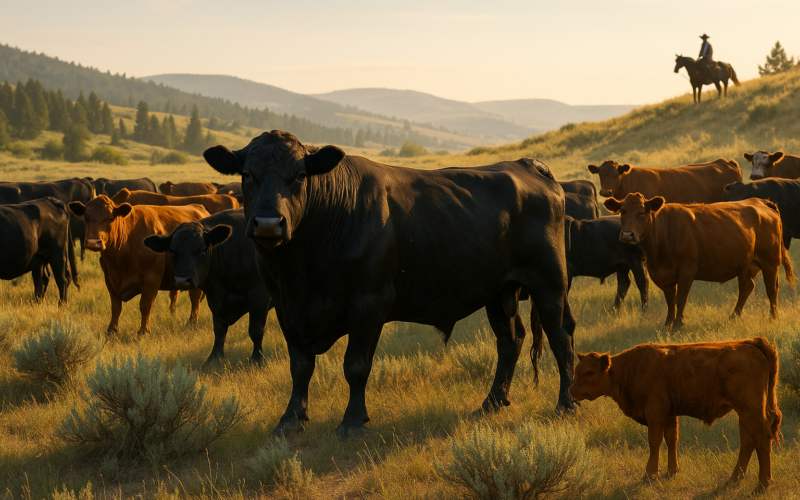 A bull standing with cows on Montana summer range at dawn as a rancher watches from horseback in the distance
