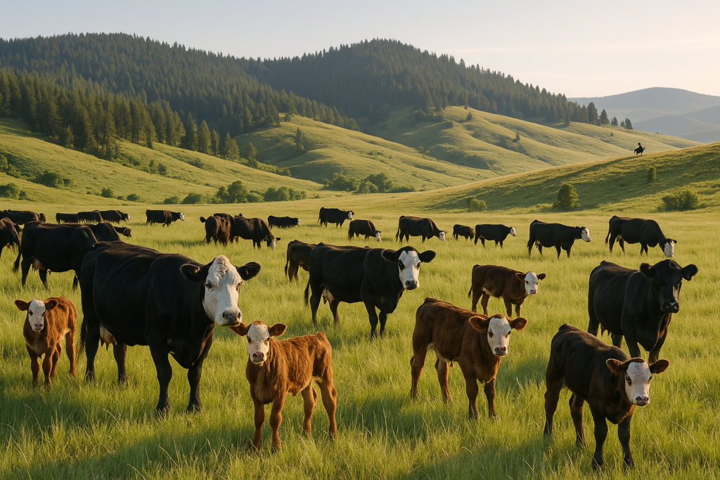 Black cow-calf pairs grazing across green Montana foothill range at sunrise with a timbered ridge behind and a small distant rider on horseback
