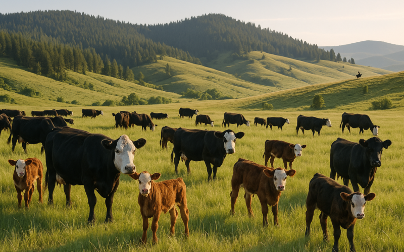 Black cow-calf pairs grazing across green Montana foothill range at sunrise with a timbered ridge behind and a small distant rider on horseback
