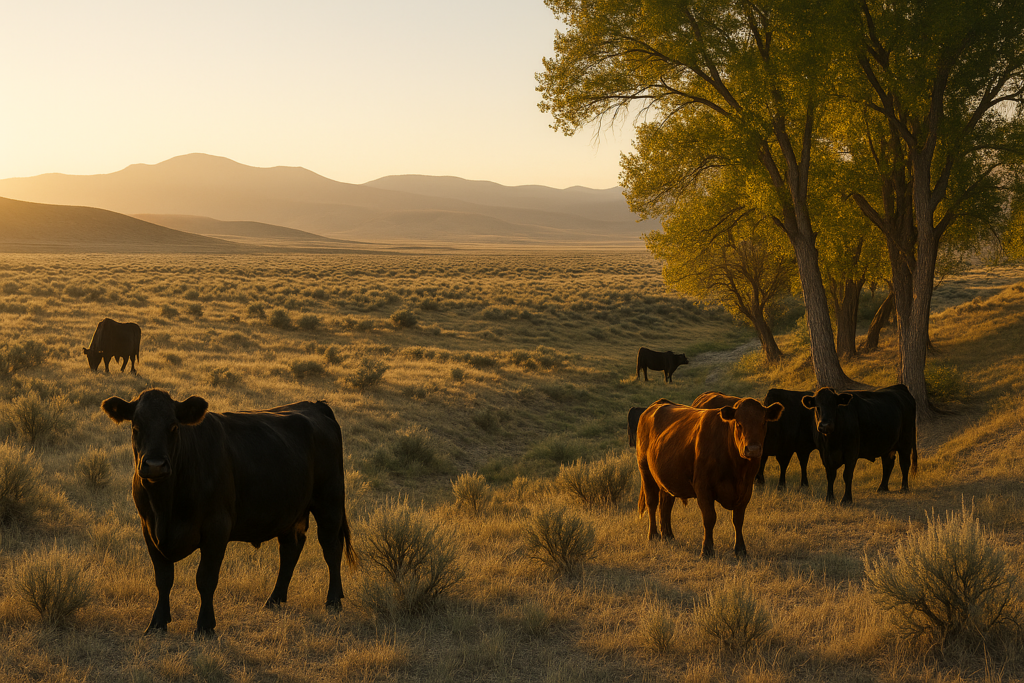 Beef cattle on open Montana range in early morning light, some gathered under cottonwoods in a coulee for shade