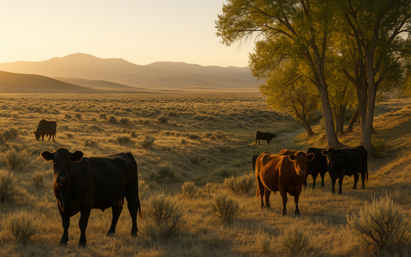 Beef cattle on open Montana range in early morning light, some gathered under cottonwoods in a coulee for shade