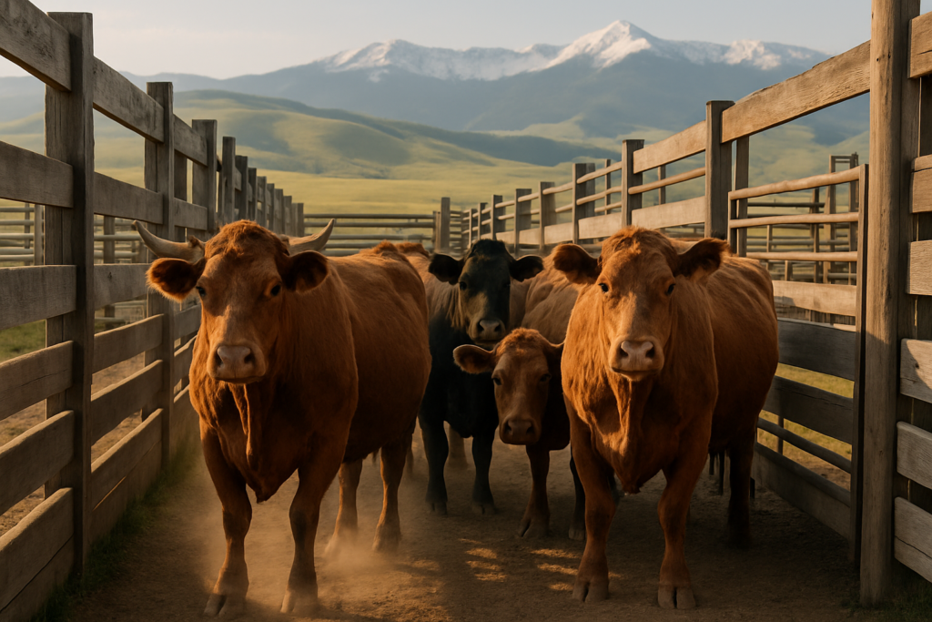 Older beef cows standing in a wooden sorting alley on a Montana ranch with green summer hills behind them