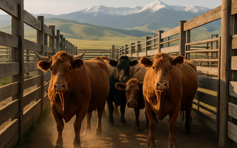 Older beef cows standing in a wooden sorting alley on a Montana ranch with green summer hills behind them
