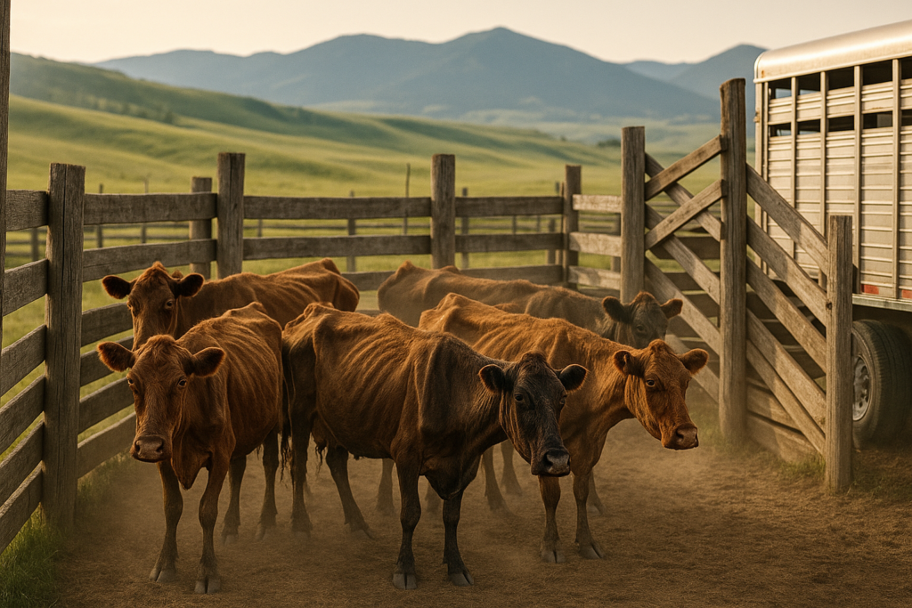 Older and thin beef cows sorted into a wooden corral beside a stock trailer on a Montana ranch under early summer light
