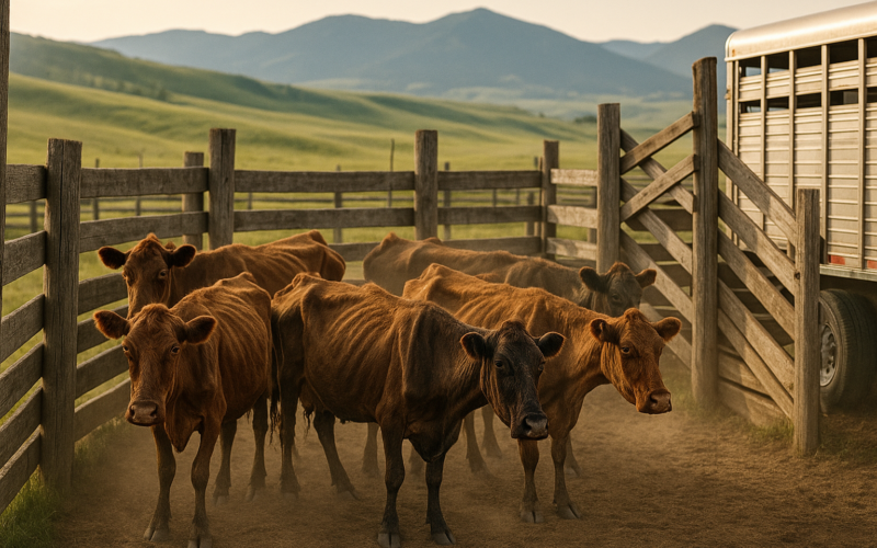 Older and thin beef cows sorted into a wooden corral beside a stock trailer on a Montana ranch under early summer light