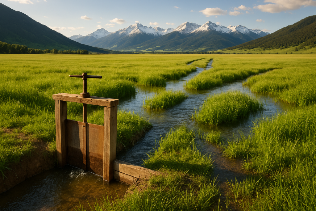 Water flooding across a green native hay meadow from spreader ditches in a Montana mountain valley in June