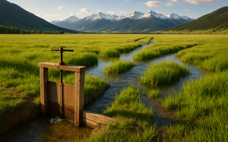 Water flooding across a green native hay meadow from spreader ditches in a Montana mountain valley in June