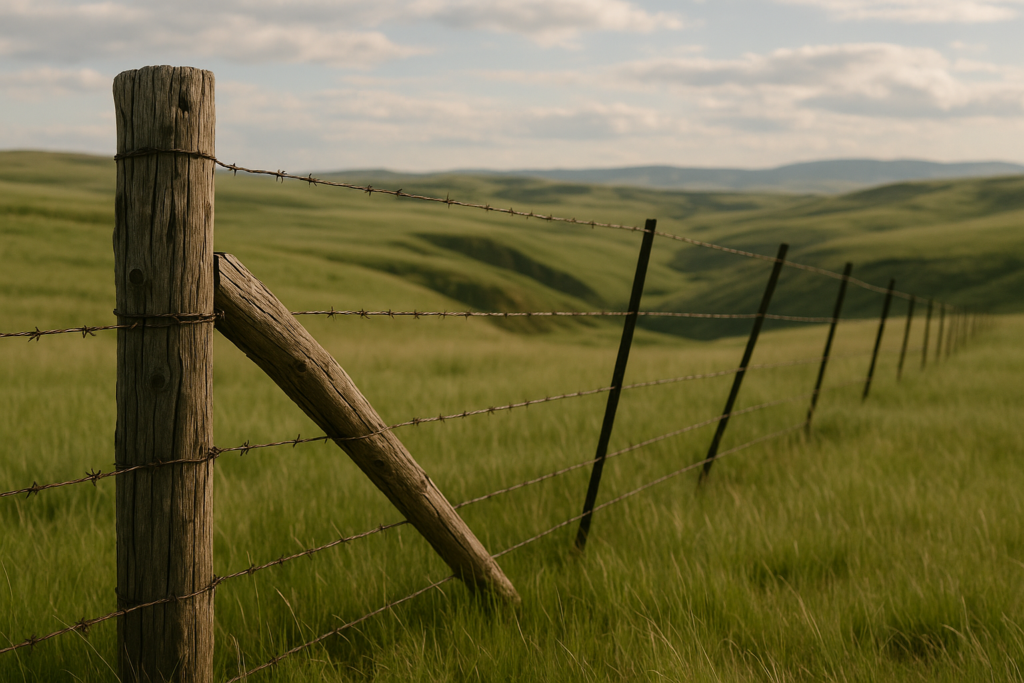 A barbed wire fence line crossing green early-summer Montana rangeland with a wooden corner brace and rolling foothills in the distance