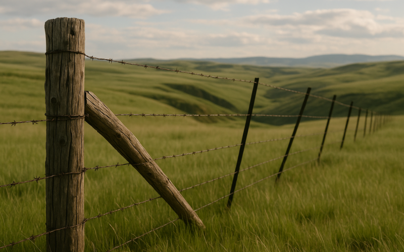 A barbed wire fence line crossing green early-summer Montana rangeland with a wooden corner brace and rolling foothills in the distance