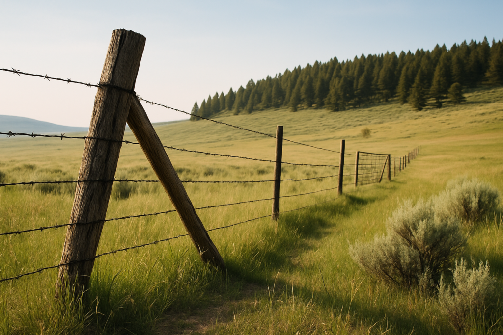 A barbed wire fence crossing green Montana rangeland toward timbered foothills in early summer light