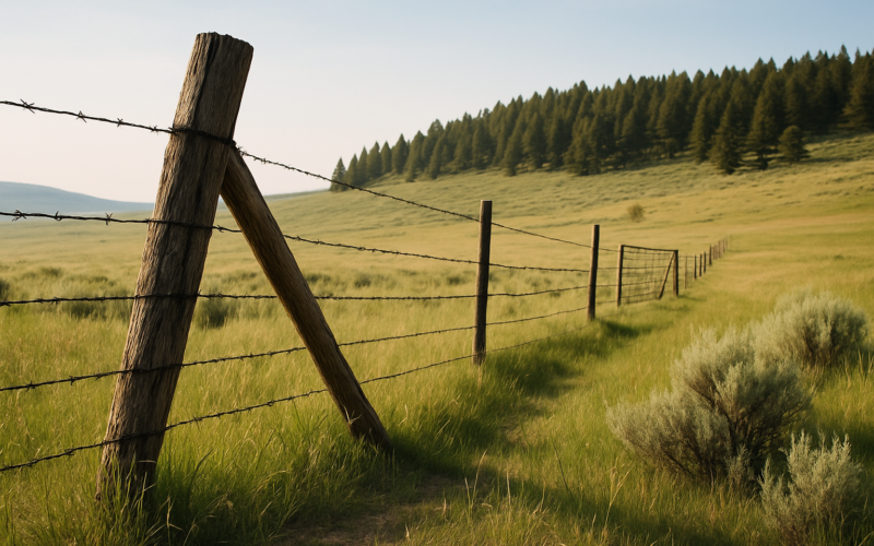 A barbed wire fence crossing green Montana rangeland toward timbered foothills in early summer light