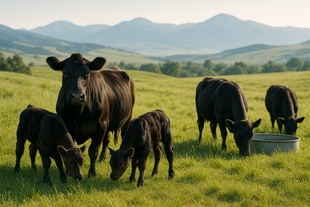 Young black first-calf heifers and their calves grazing on green early-summer Montana foothill pasture with mountains behind