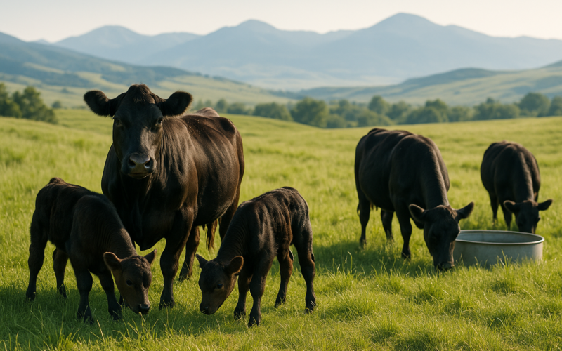 Young black first-calf heifers and their calves grazing on green early-summer Montana foothill pasture with mountains behind
