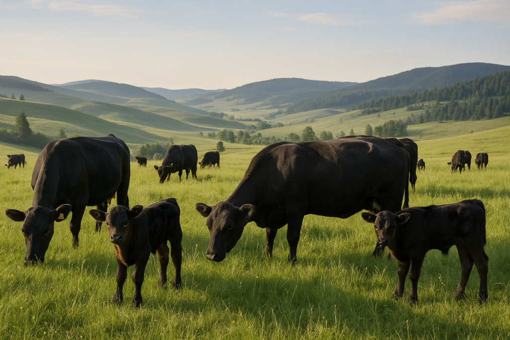 Young first-calf heifers with calves grazing on green early-summer Montana pasture with foothills in the background