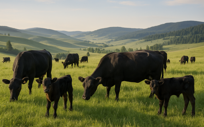 Young first-calf heifers with calves grazing on green early-summer Montana pasture with foothills in the background