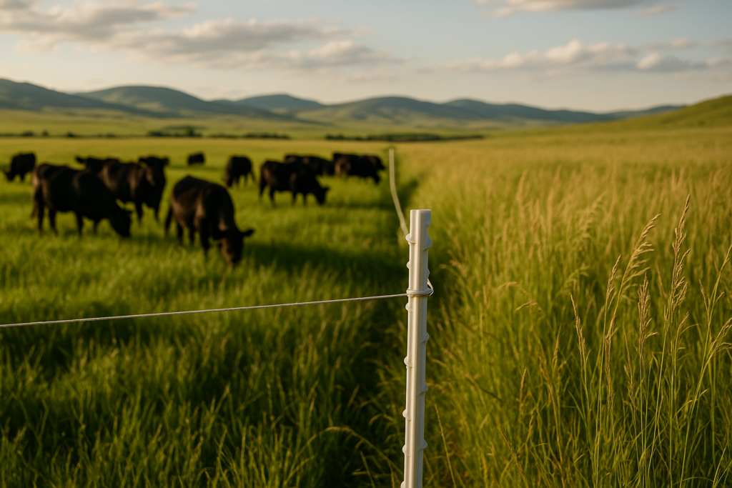 A temporary electric wire on step-in posts splits a green June pasture, with cattle grazing fresh grass on one side and taller ungrazed grass on the other in the Montana foothills