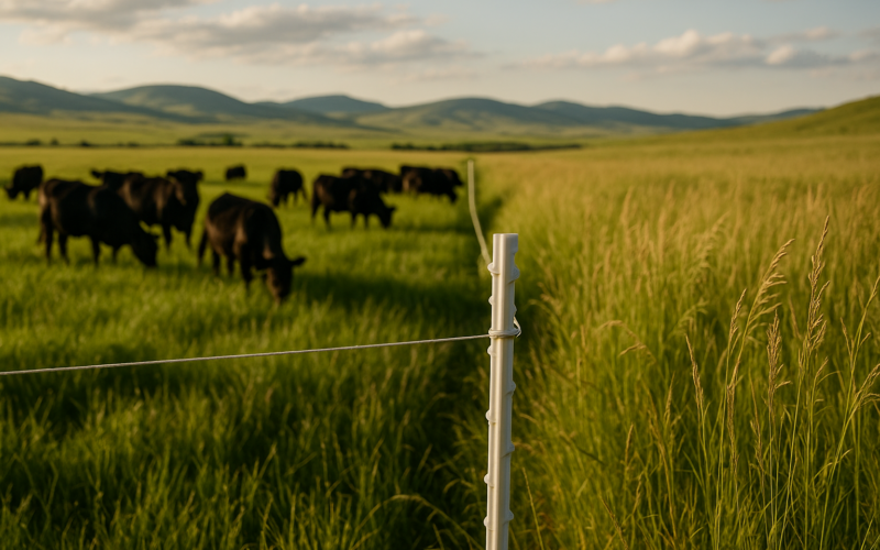 A temporary electric wire on step-in posts splits a green June pasture, with cattle grazing fresh grass on one side and taller ungrazed grass on the other in the Montana foothills