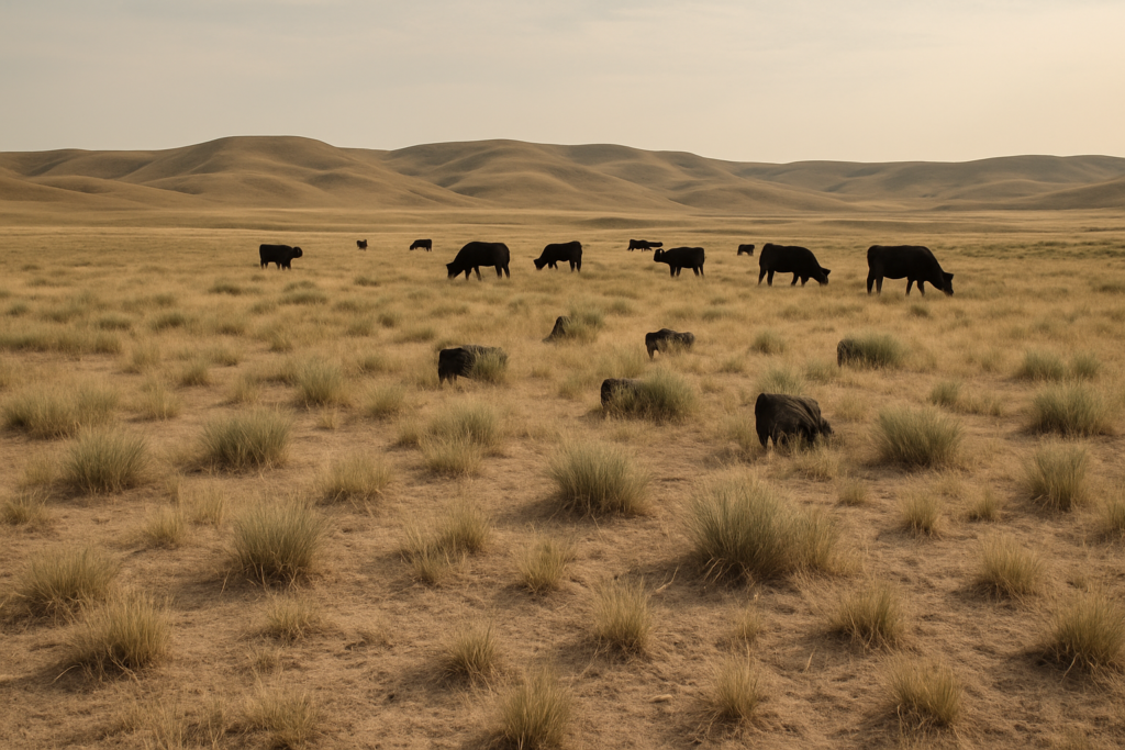 Black cattle grazing on short, thinning summer rangeland with bare ground showing between grass plants under a hazy Montana sky