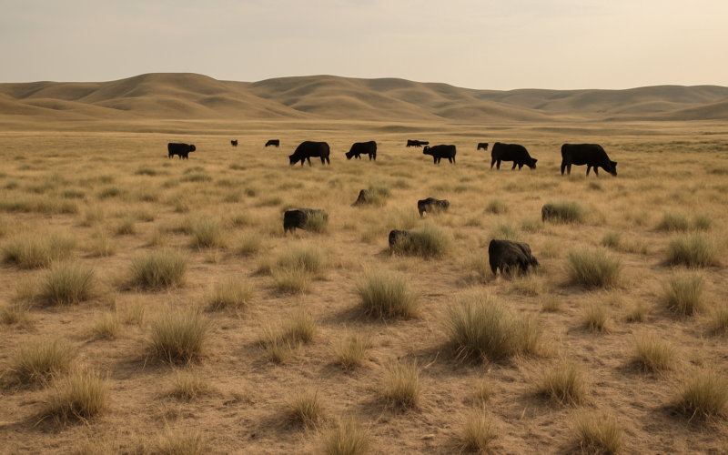 Black cattle grazing on short, thinning summer rangeland with bare ground showing between grass plants under a hazy Montana sky