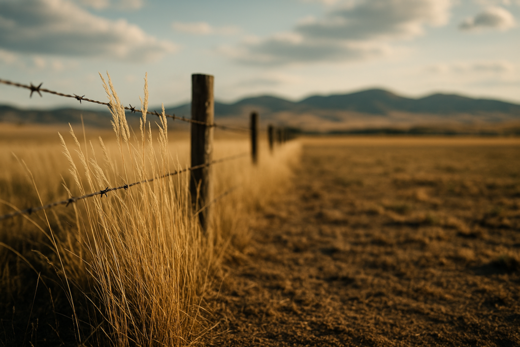 Dry grass along a Montana fence line where grasshoppers hatch, with foothills in the distance under a wide summer sky