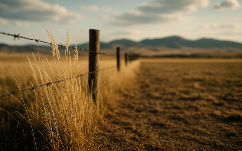 Dry grass along a Montana fence line where grasshoppers hatch, with foothills in the distance under a wide summer sky