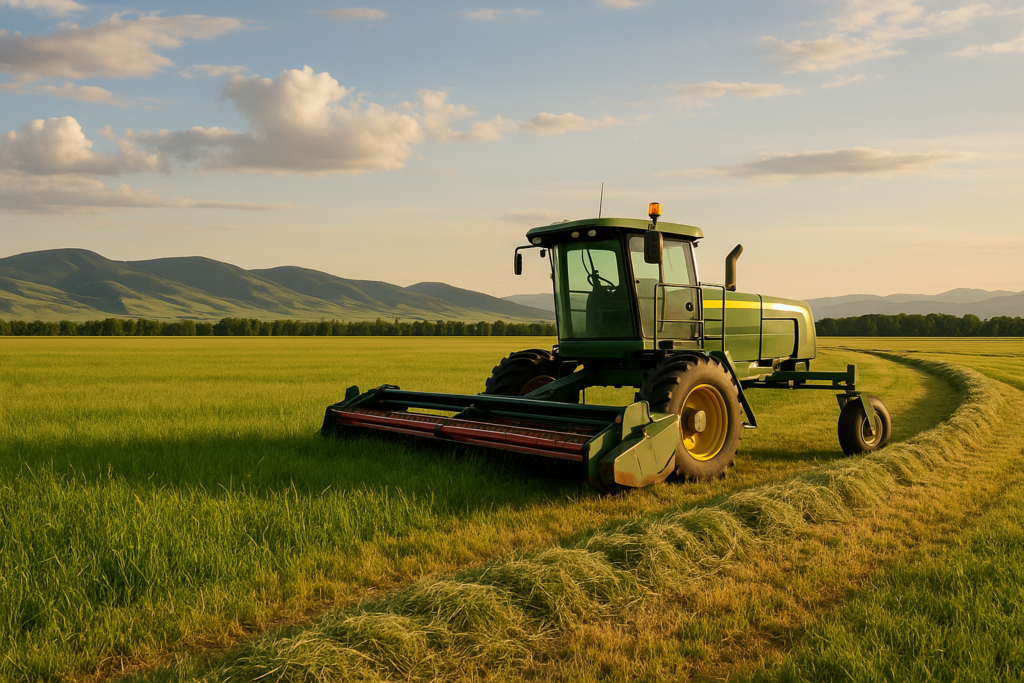 A self-propelled swather parked beside a freshly cut Montana hay field with a windrow drying in the afternoon sun and foothills in the distance