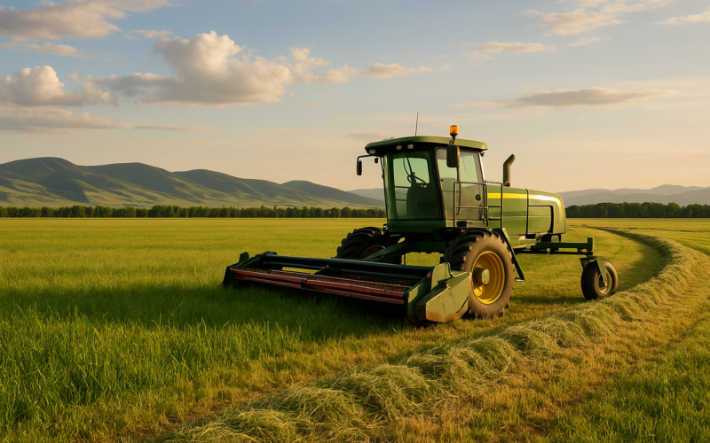 A self-propelled swather parked beside a freshly cut Montana hay field with a windrow drying in the afternoon sun and foothills in the distance