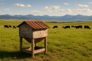 A covered cattle mineral feeder on green Montana rangeland with grazing black cows and foothills in the distance
