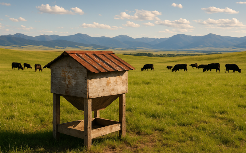A covered cattle mineral feeder on green Montana rangeland with grazing black cows and foothills in the distance