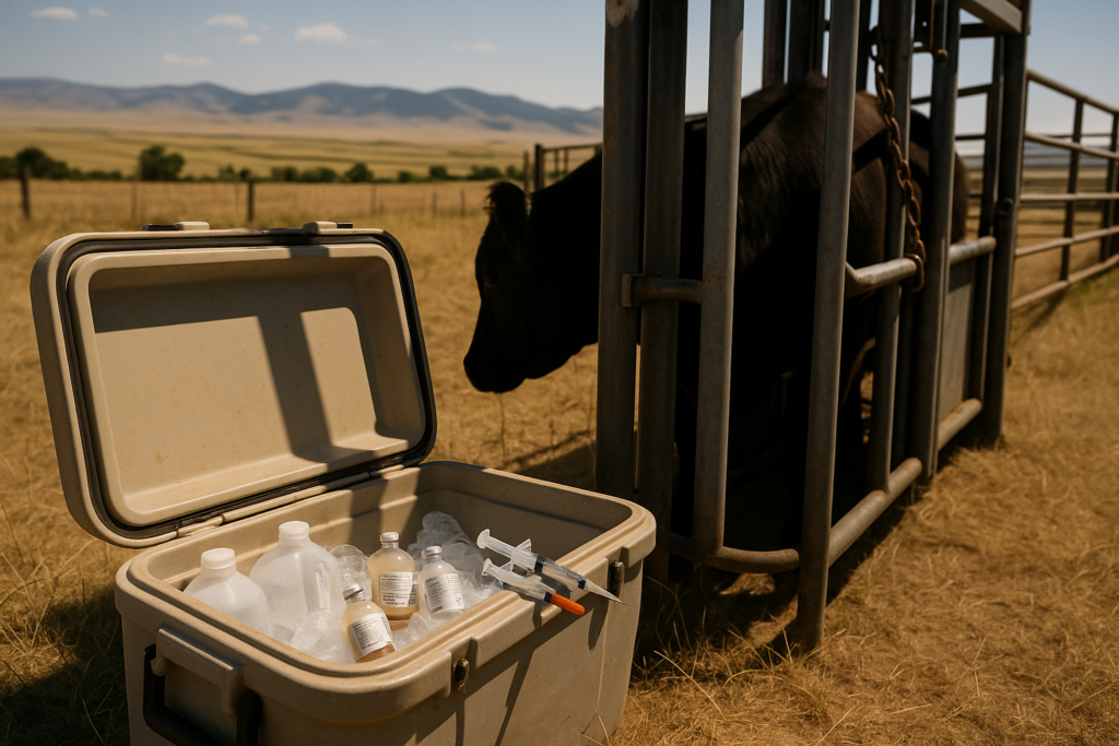 An open cooler holding vaccine bottles and syringes shaded beside a cattle chute on a Montana ranch in early summer