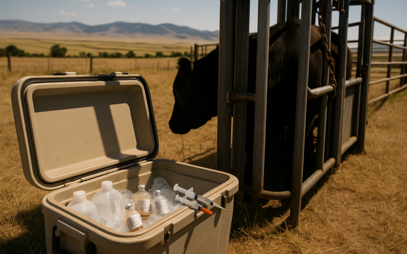 An open cooler holding vaccine bottles and syringes shaded beside a cattle chute on a Montana ranch in early summer
