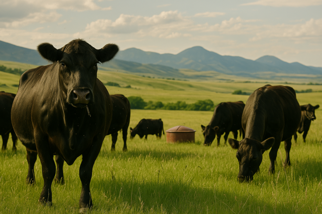Mature Angus cows grazing early-summer Montana range with a mineral feeder nearby and foothills in the distance