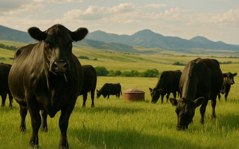 Mature Angus cows grazing early-summer Montana range with a mineral feeder nearby and foothills in the distance
