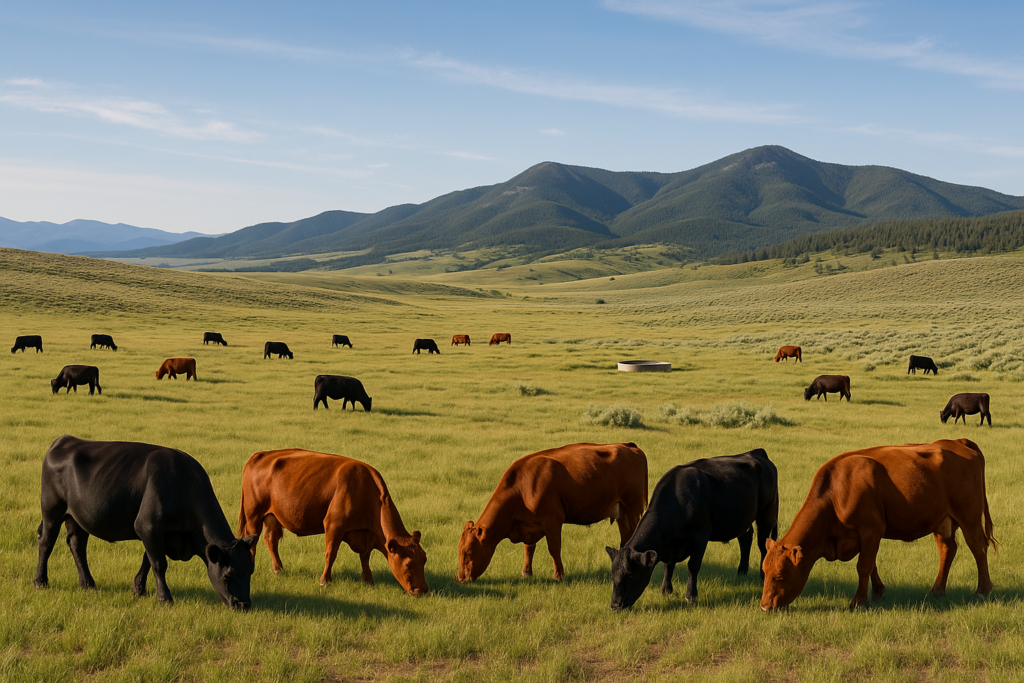 Cattle pairs grazing across an open Montana foothill range with timbered mountains in the background on a summer morning