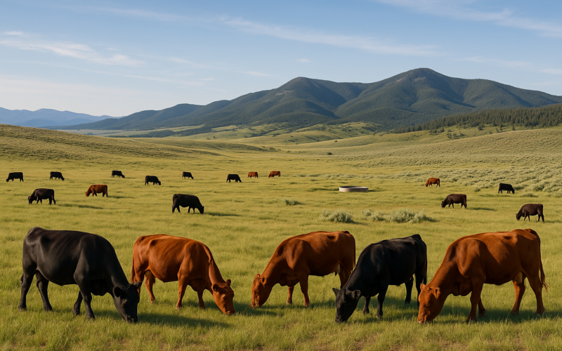 Cattle pairs grazing across an open Montana foothill range with timbered mountains in the background on a summer morning