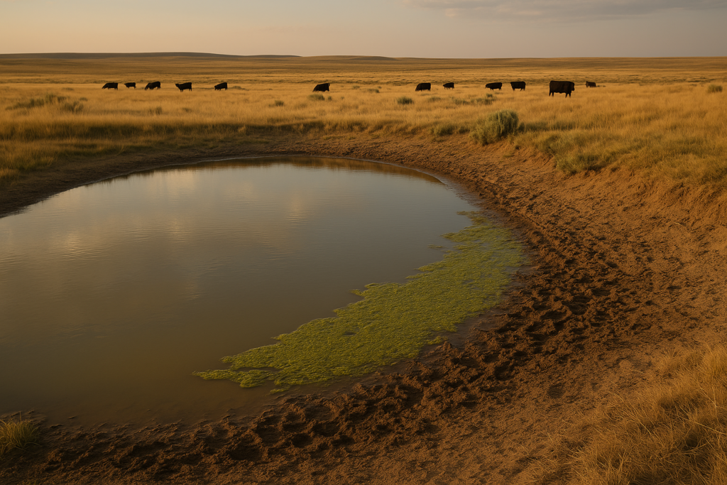 A summer stock pond in eastern Montana with green algae scum collected along the downwind bank where cattle water