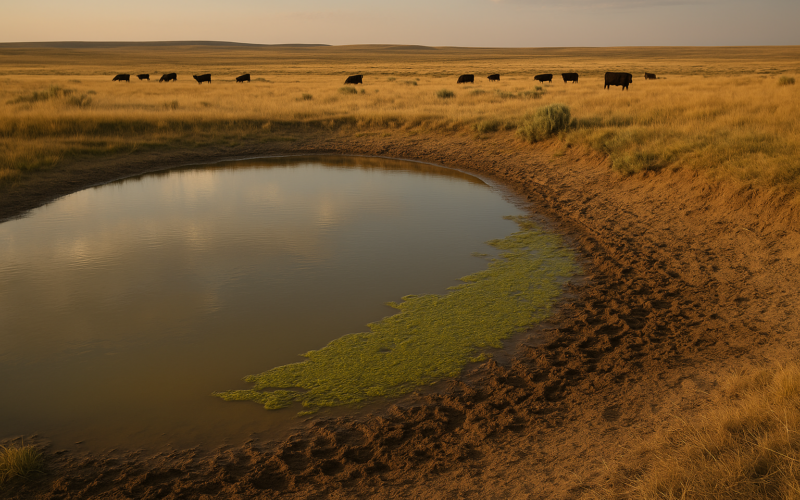 A summer stock pond in eastern Montana with green algae scum collected along the downwind bank where cattle water