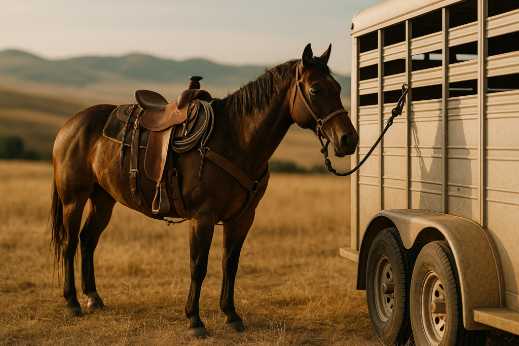 A saddled ranch horse tied to a stock trailer in early morning light with Montana foothills in the background
