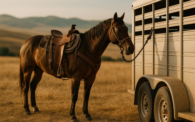 A saddled ranch horse tied to a stock trailer in early morning light with Montana foothills in the background