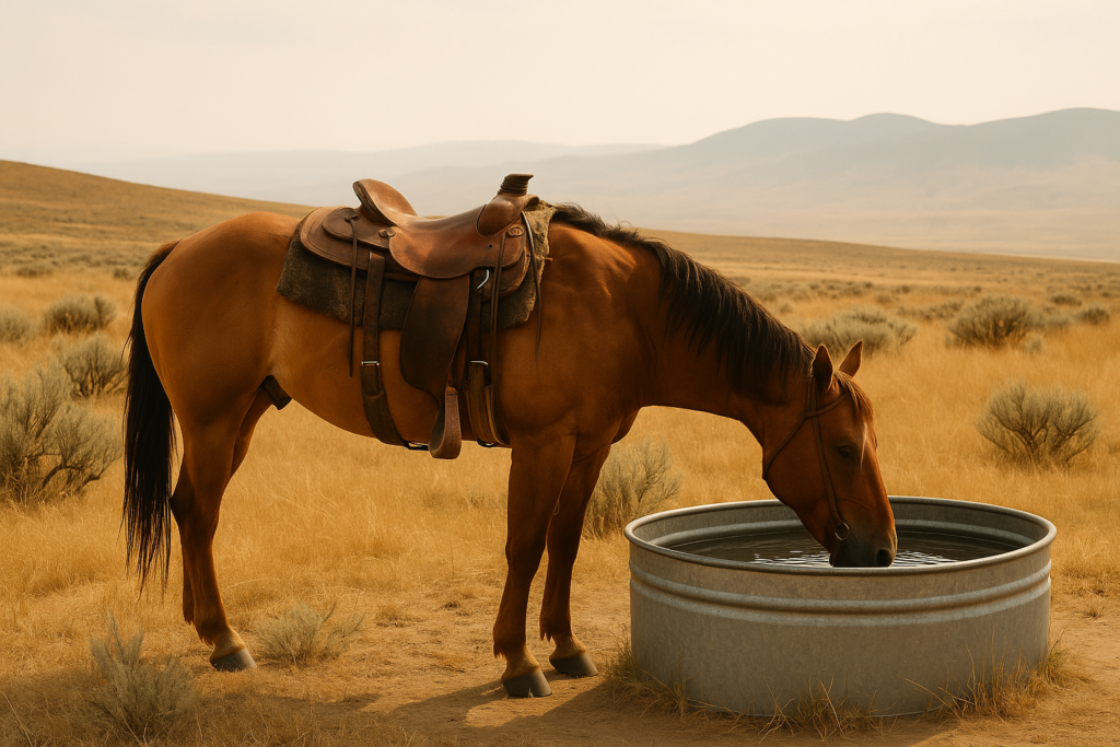 A saddled ranch horse drinking at a stock tank on open Montana rangeland on a hot summer afternoon
